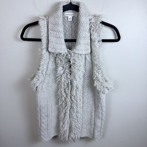 Banana Republic Sweater Vest S Light Gray Alpaca Wool Fringe Cable Knit Zip-up
